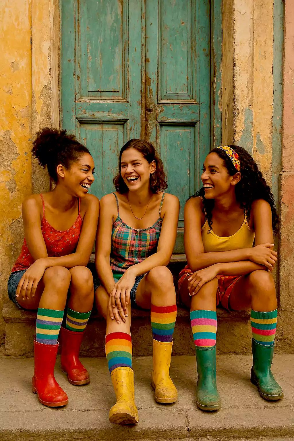 Drei Frauen sitzen in der Tür eines buntangestrichenen Hauses. (Foto: AI)
