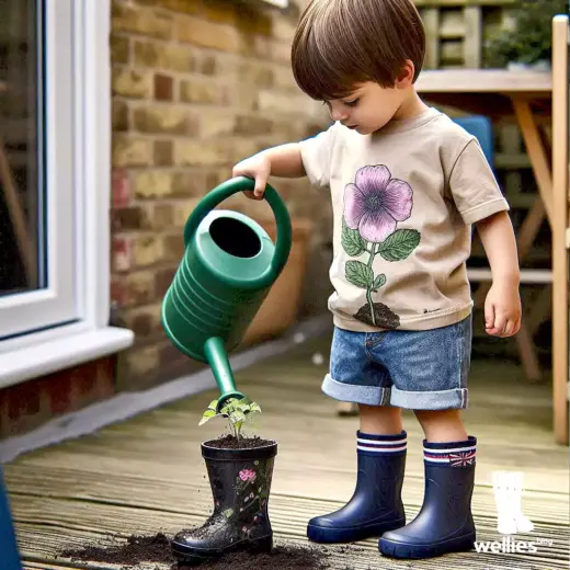 Eine DIY-Idee für kleine Gärtner: Nutze deinen alten Gummistiefel als Blumentopf. (Foto: AI)