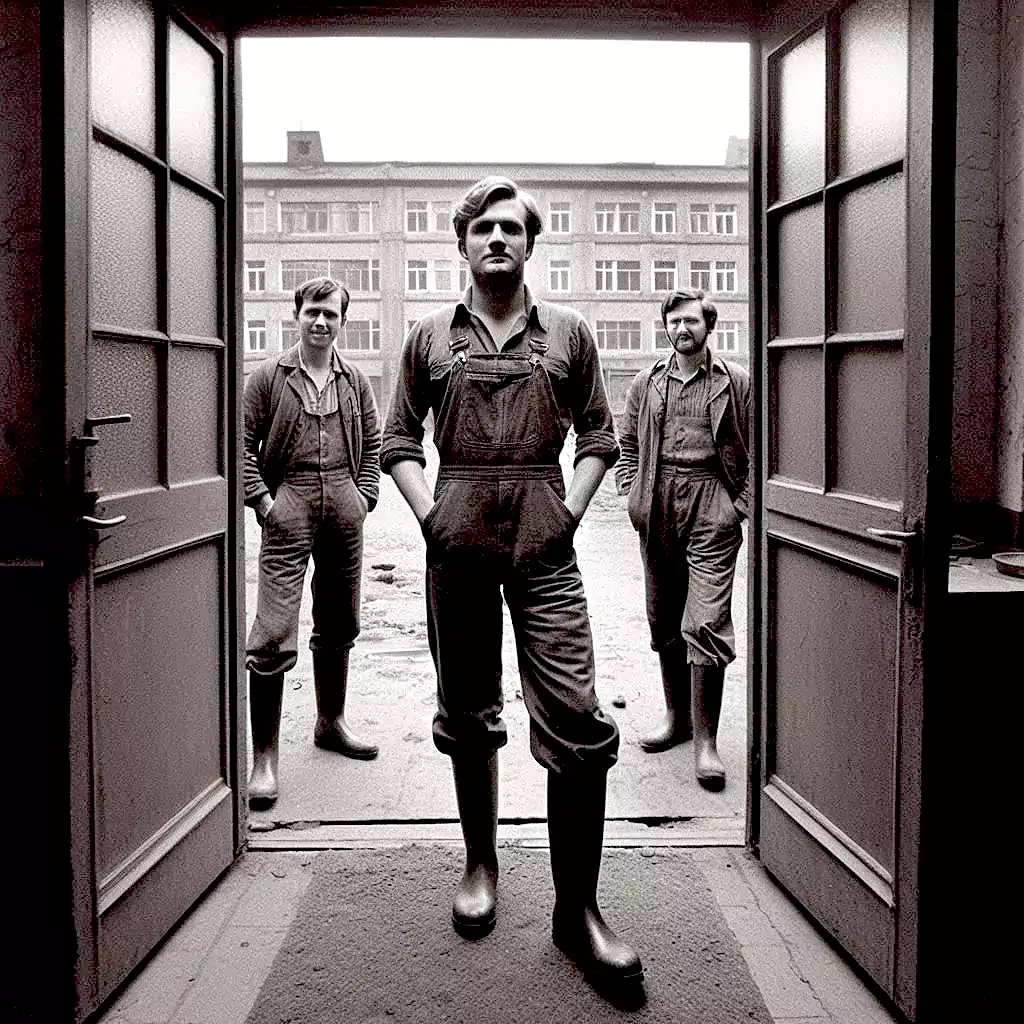 Arbeiter der DDR auf dem Weg ins Wohnheim (Foto: AI)