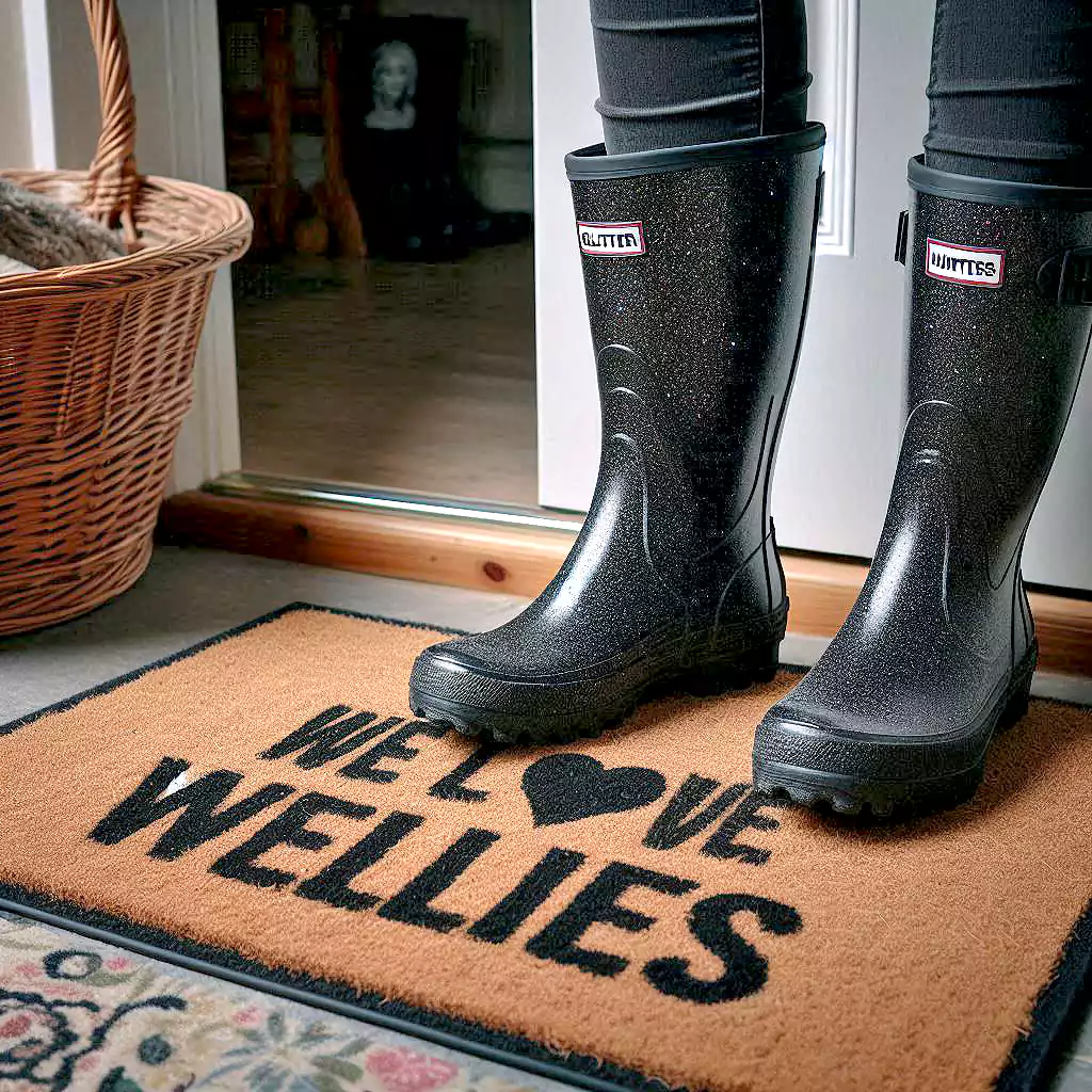 Gummistiefel auf einer Fußmatte. (Foto: KI)