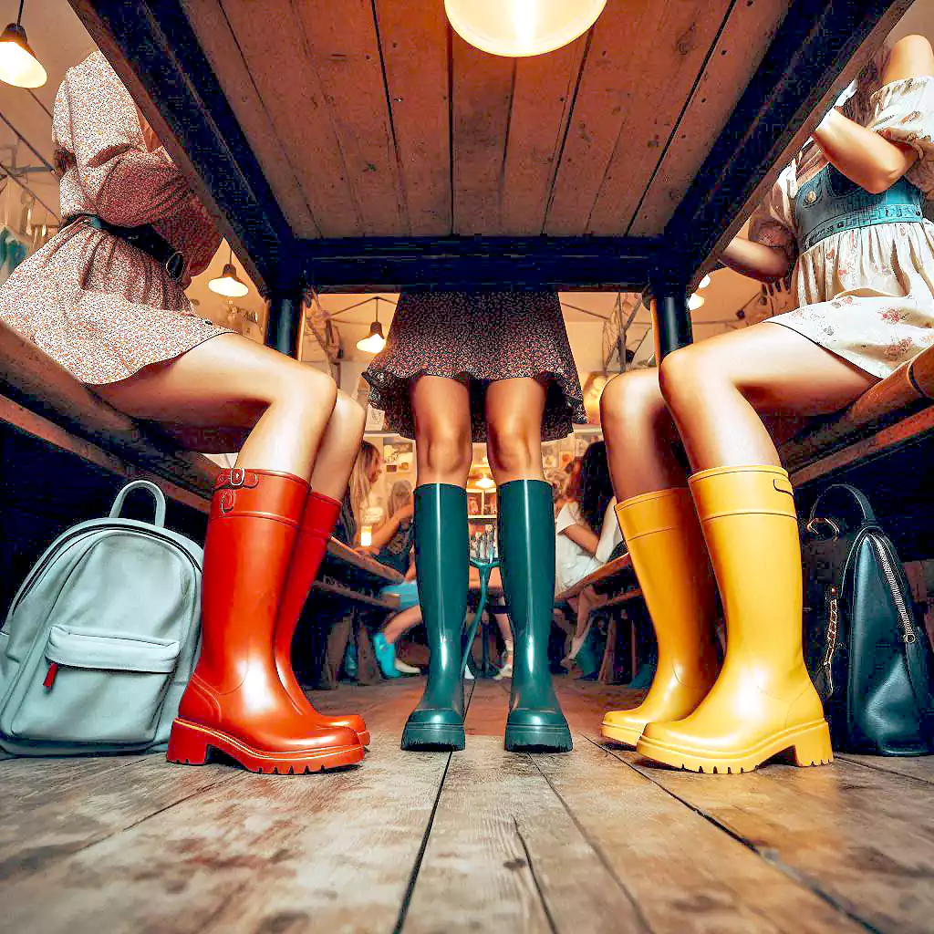 Gummistiefel unter dem Esstisch in einer Kneipe. (Foto: KI)