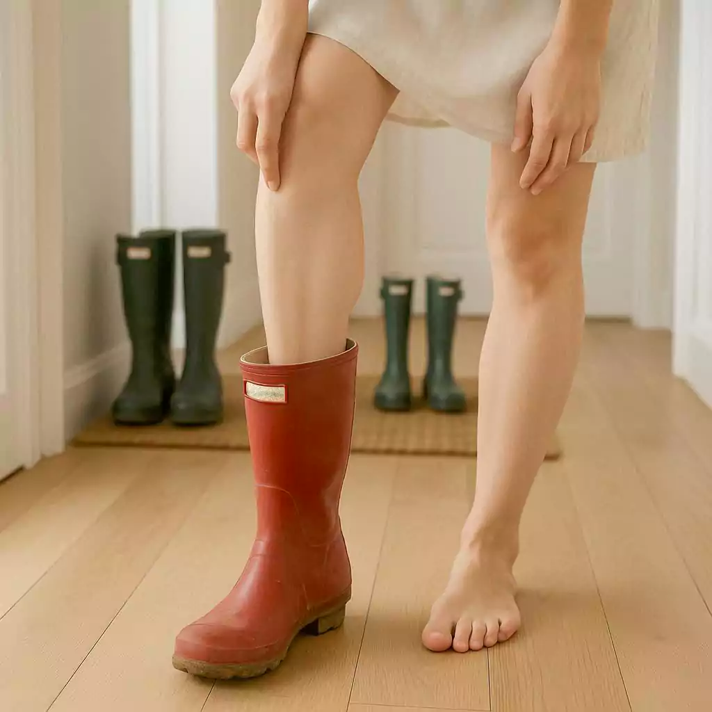 Ein Frau zieht einen Gummistiefel ohne Socken an. (Foto: KI)